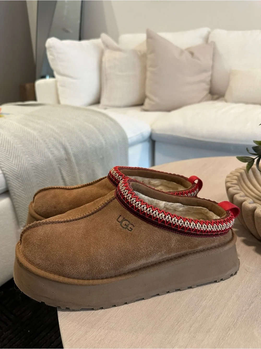 UGG Chestnut Suede Mule Slippers with Red Trim